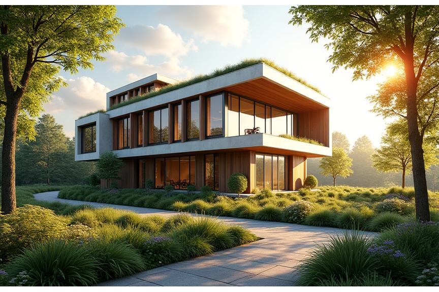 Modernus pastatas gamtos fone, atspindintis tvarią architektūrą.
