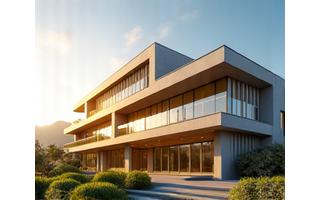 Tvarios architektūros pastatas, sušvitęs saulėje mobiliajame