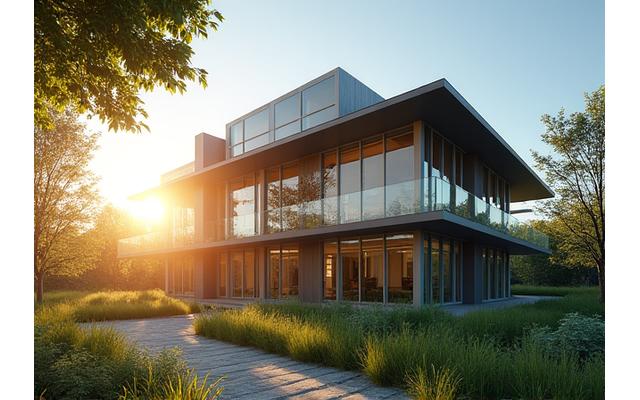 Tvarios architektūros pastatas, sušvitęs saulėje